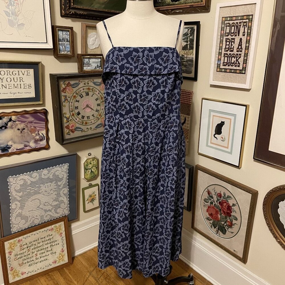 Unique Vintage Blue & White Floral Print Cotton Wide Leg Jumpsuit Size 2X